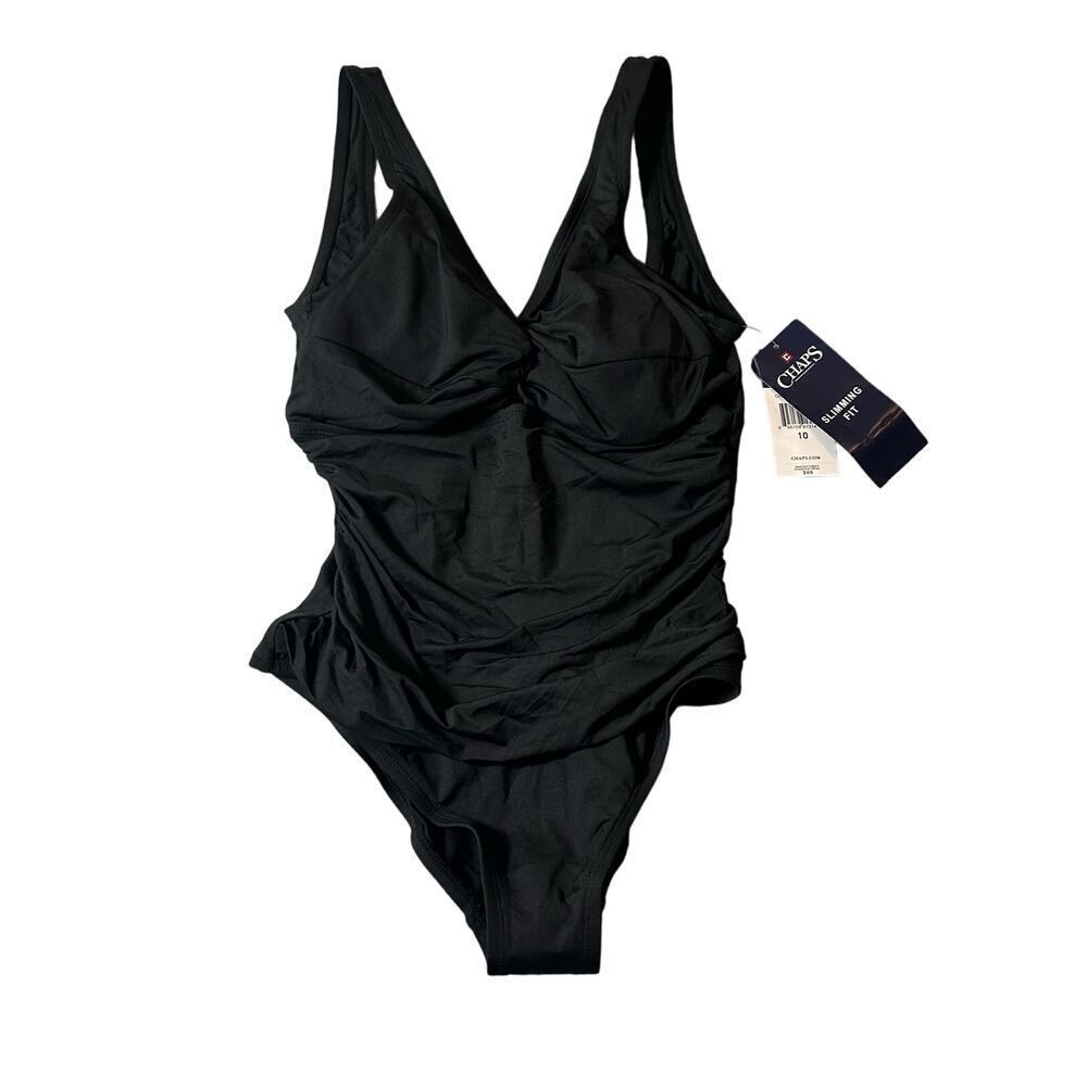 Chaps Swimsuit Womens 10 Black One Piece‎ Slimming Fit Waist Minimize NEW